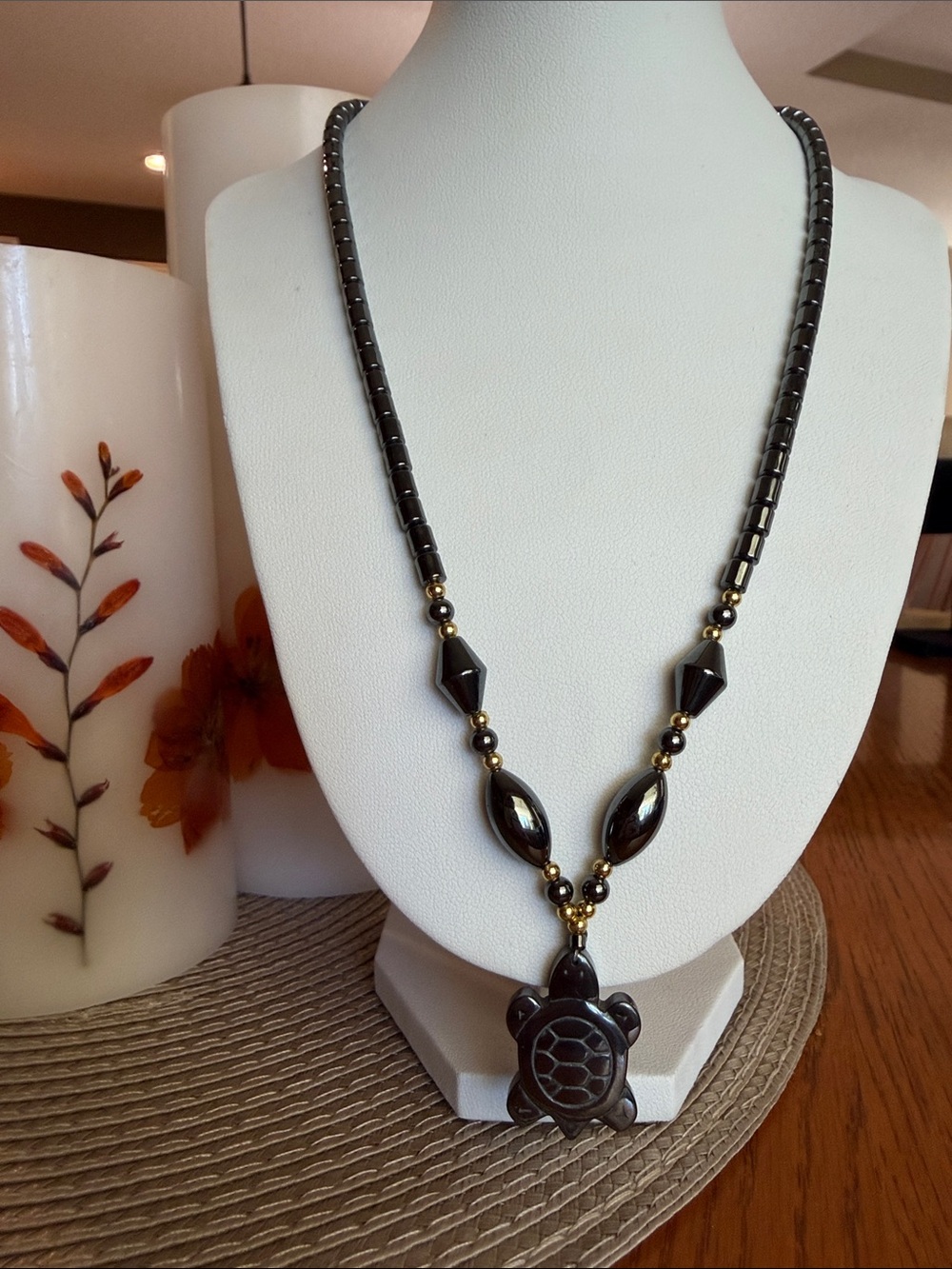 Hematite Black Turtle Pendant Necklace
